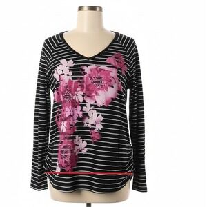JMS Plus Size 3X Long Sleeve Floral Striped Black White V-Neck Top Shirt Stretch